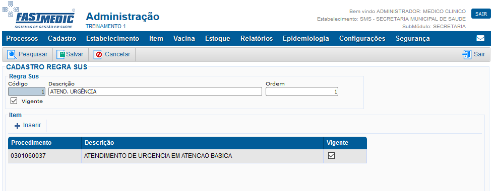 Cadastro de Regra SUS